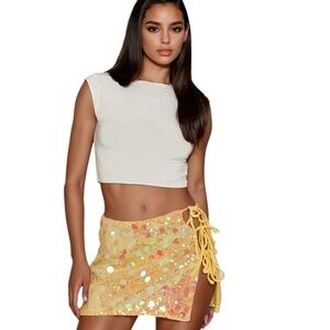 Yellow Sequin Mini Skirt with Side Tie
